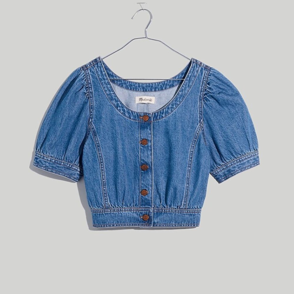 Madewell Denim Puff-Sleeve Crop Top, Size XS